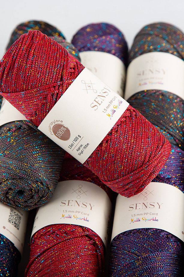 Multi Sparkle Simli Çok Renkli İp 100 Gr Polyester Makrome İpi Koyu Kırmızı 1,5 Mm - 150 M - 8