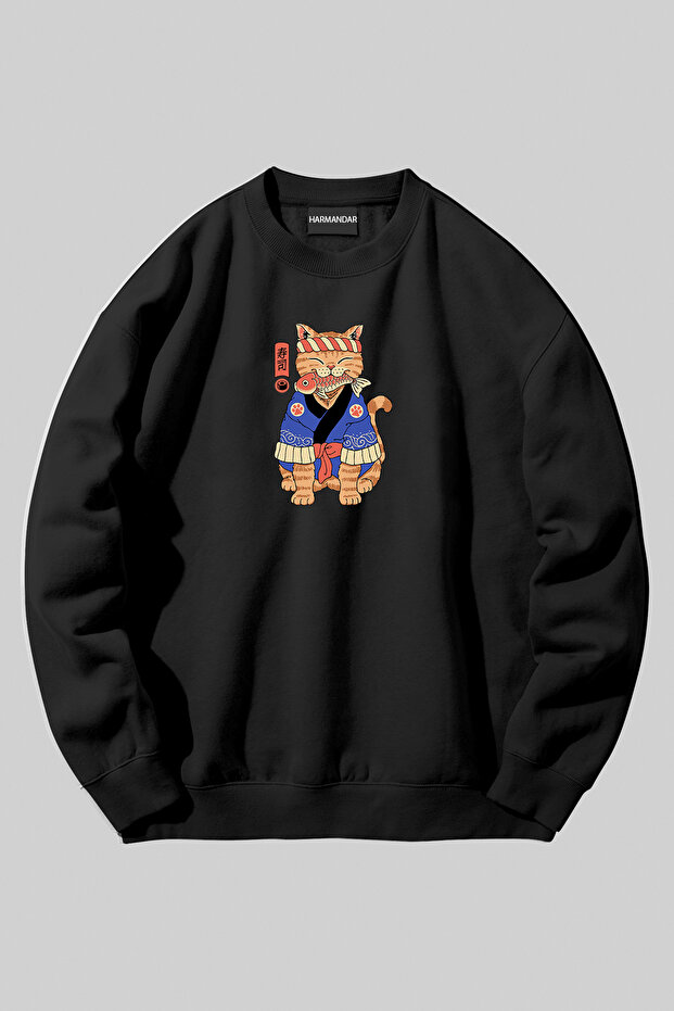 Anime Cat Printed Unisex Black Crew Neck Sweatshirt