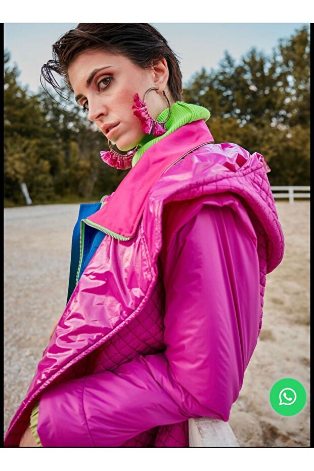 pembe kapitone şişme trençkot - 3