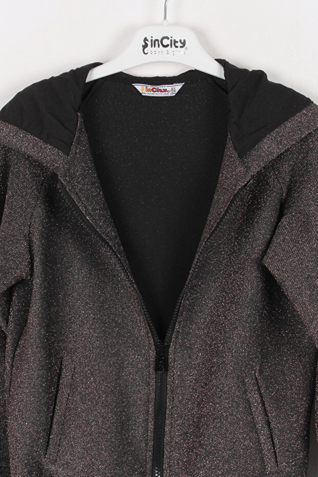 Kız Çocuk Füme Kapüşonlu Fermuarlı Simli Eşofman Üst - 2