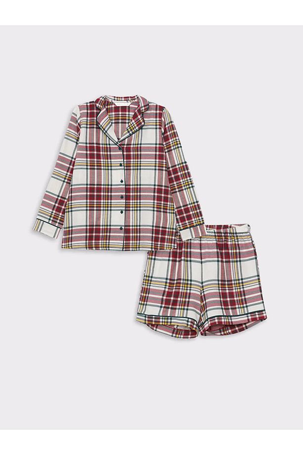 LCW DREAM Gömlek Yaka Ekose Uzun Kollu Kadın Şortlu Pijama Takımı - 6