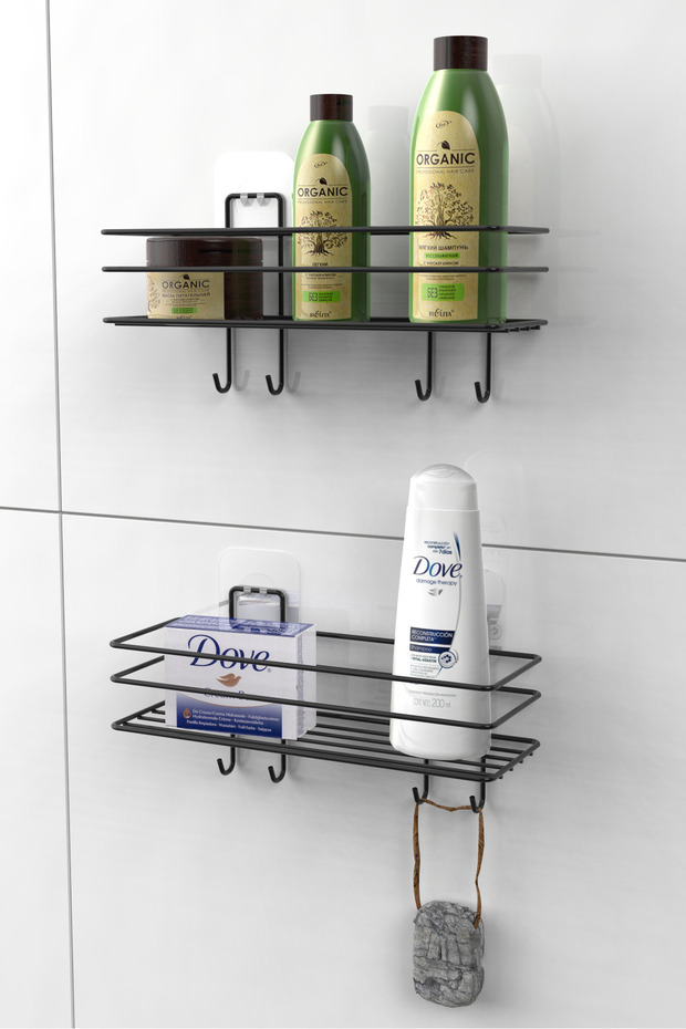 Adhesive 4 Hooks Bathroom Shelf Bath Shampoo Holder Shower Cabin Shower Hanger Set of 2