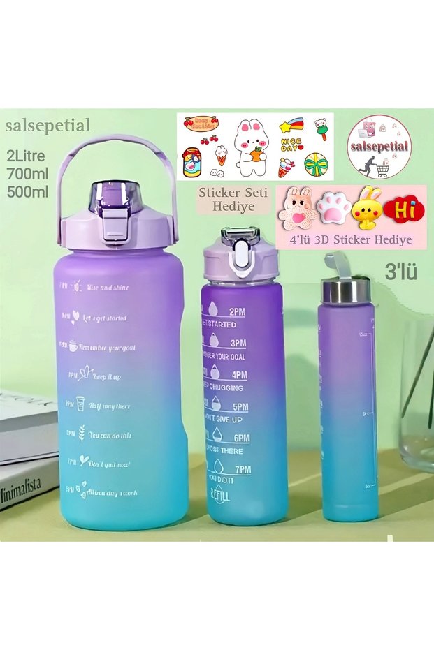 Set of 3 Motivational Water Bottle, Sticker Water Bottle, Motivational Water Bottle 2 Liters, 750 Ml, 300 ml