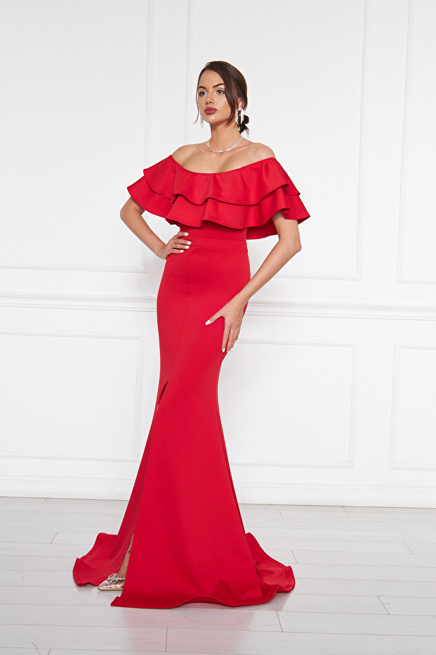 Flexibilní potápěčská tkanina Madonna s výstřihem na krk Maxi délka Rybí model plus velikosti červené večerní šaty - 6