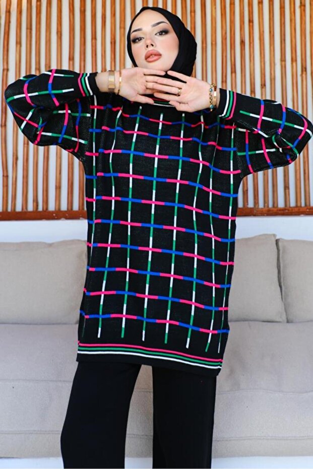 23002 بدلة مزدوجة منقوشة مربعة باللون الأسود - 2