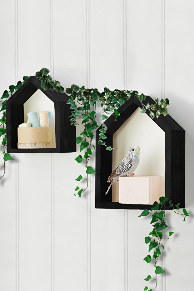 Ahşap Duvar Rafı 2li Ev Şeklinde - 1