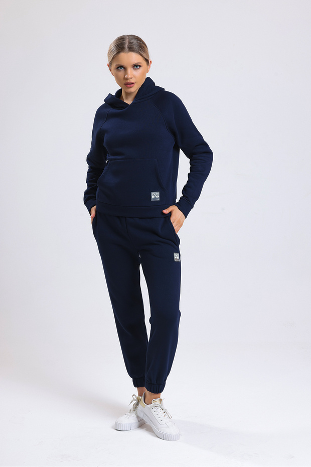 women's navy blue hooded 3 thread tracksuit set with cargo pockets