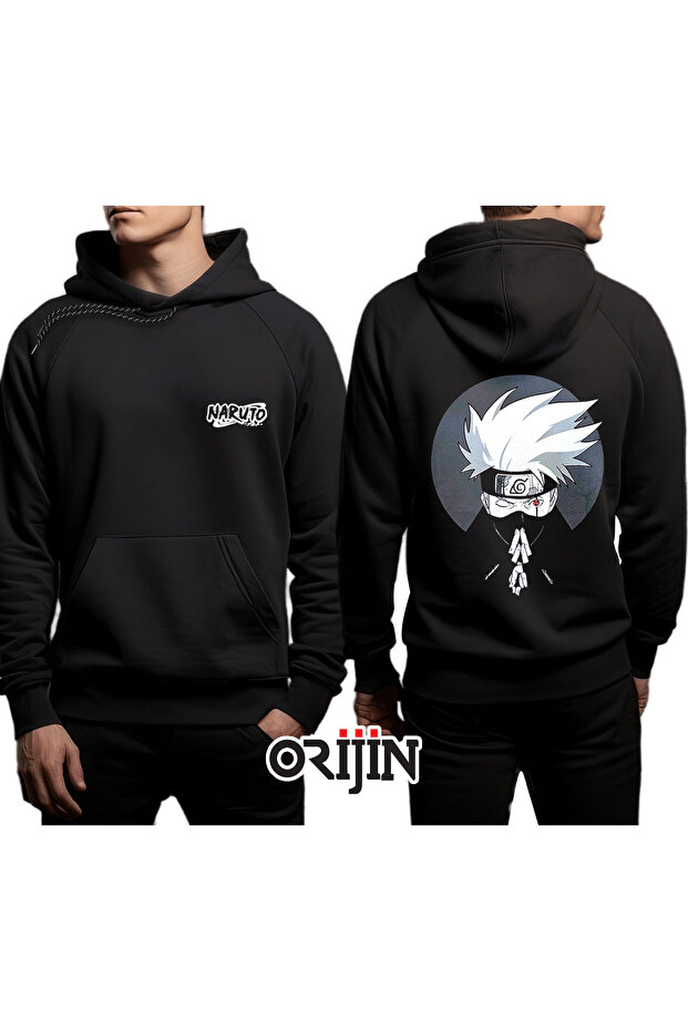 Naruto Kakashi Hatake Ön Arka Baskılı Siyah Kapşonlu Sweatshirt - 1