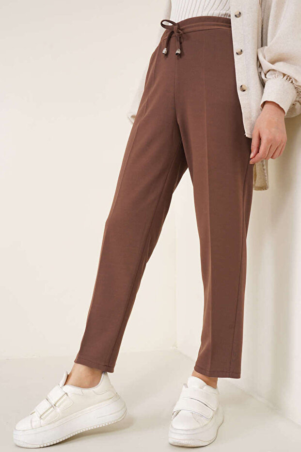 6624 Rope Detailed Elastic Waist Ankle Trousers Brown