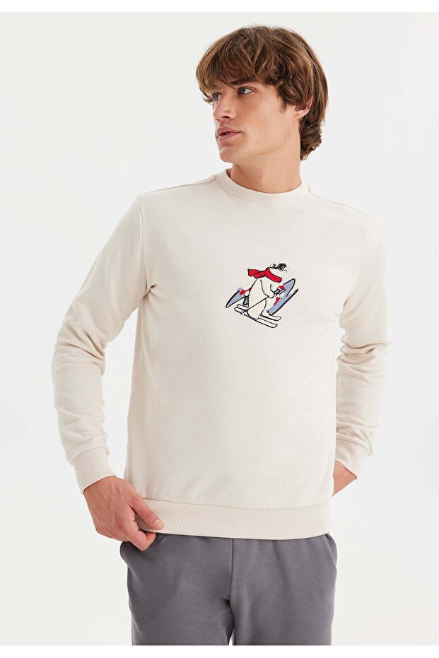 White Printed Crew Neck Cotton Regular Fit Men's Sweatshirt WMCARTOON SKI