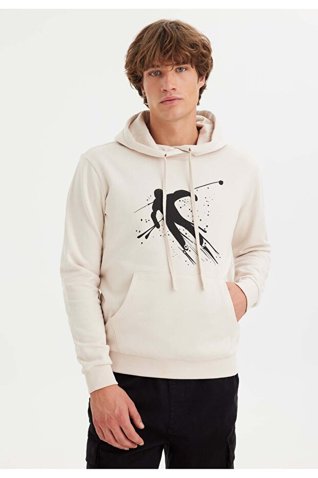 White Printed Hooded Cotton Regular Fit Men's Sweatshirt WMINK SKI