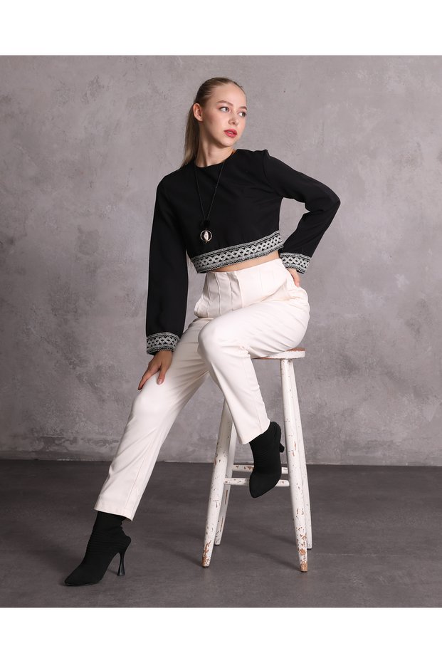 Women's White High Waist Stitching Detailed Faux Leather Carrot Trousers