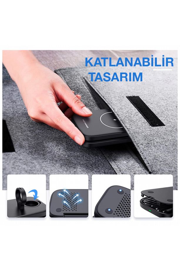 W66 15W 3 in1 Android + iPhone Taşınabilir Mini Kablosuz Hızlı Şarj Standı - 3