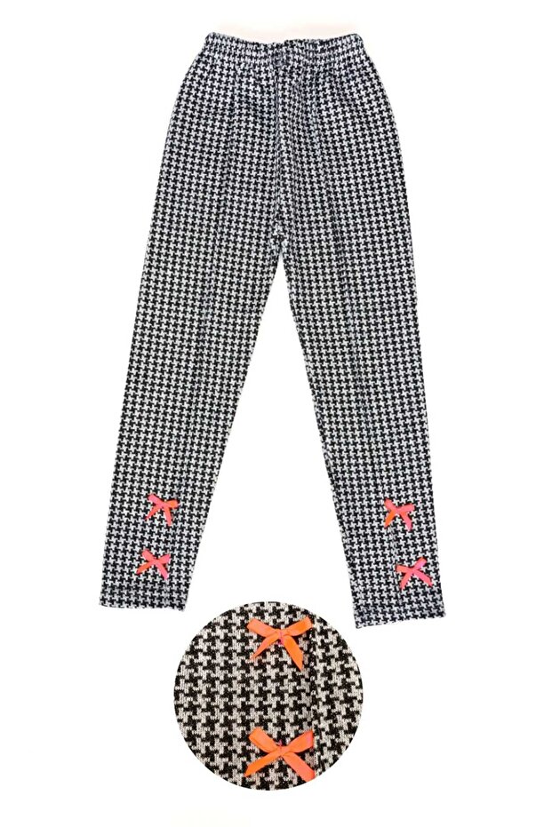 Light Gray Sweater Patterned Ribbon Detailed Winter Girl's Leggings