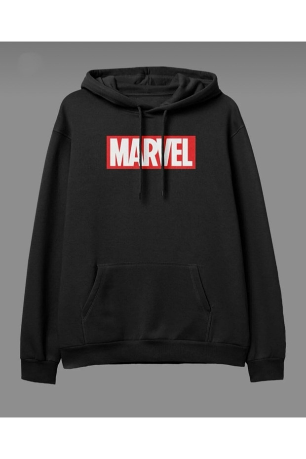 Siyah Unisex Marvel Baskılı Oversize Sweatshirt Kapüşonlu - 1
