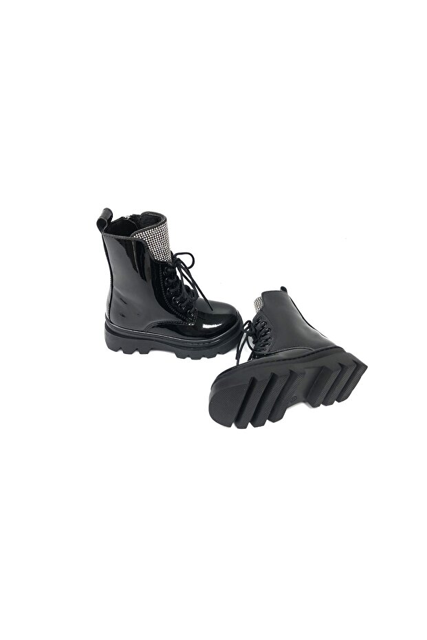 Kalın Taban Taşlı Parlak Rugan Kız Çocuk Postal Model Bot - 5