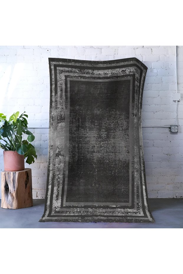 Mira Dark Gray Tone Line Patterned Modern Decorative Carpet Mira 1570
