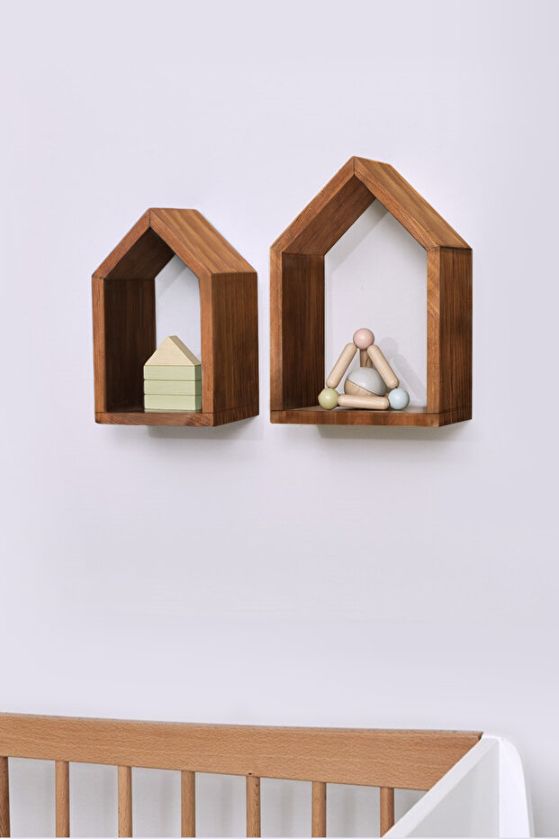 Ahşap Duvar Rafı 2li Ev Şeklinde - 3