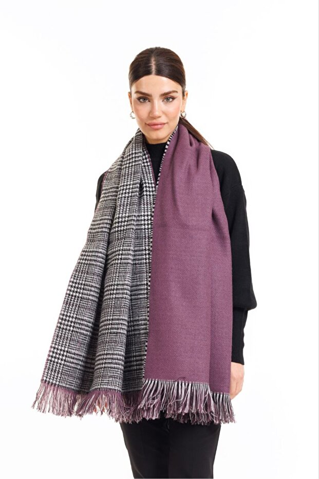 Double Sided Plaid Wool Shoulder Shawl - 70x190cm - Winter Shawl