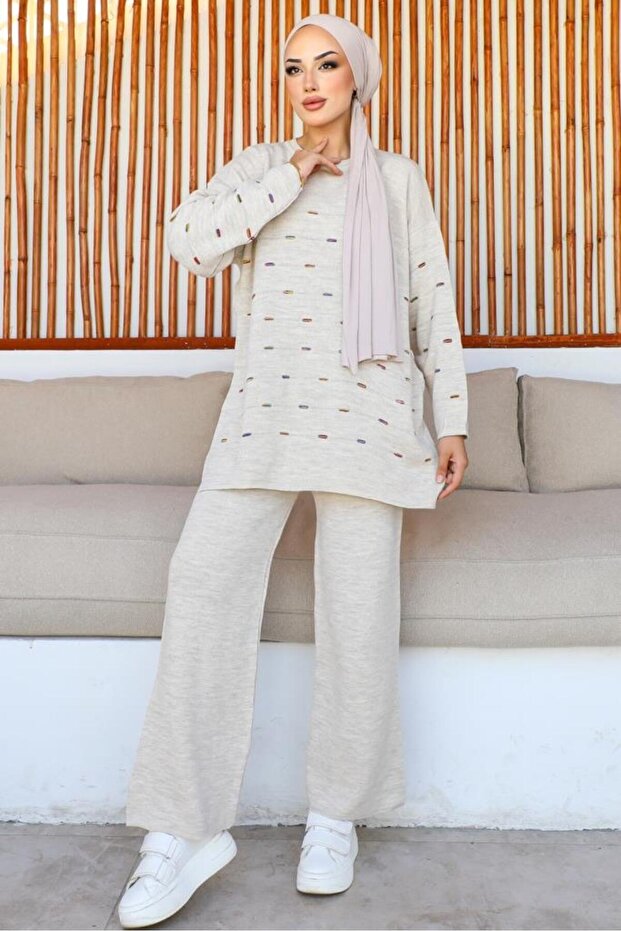 23006 Embossed Knitwear Set Stone Color