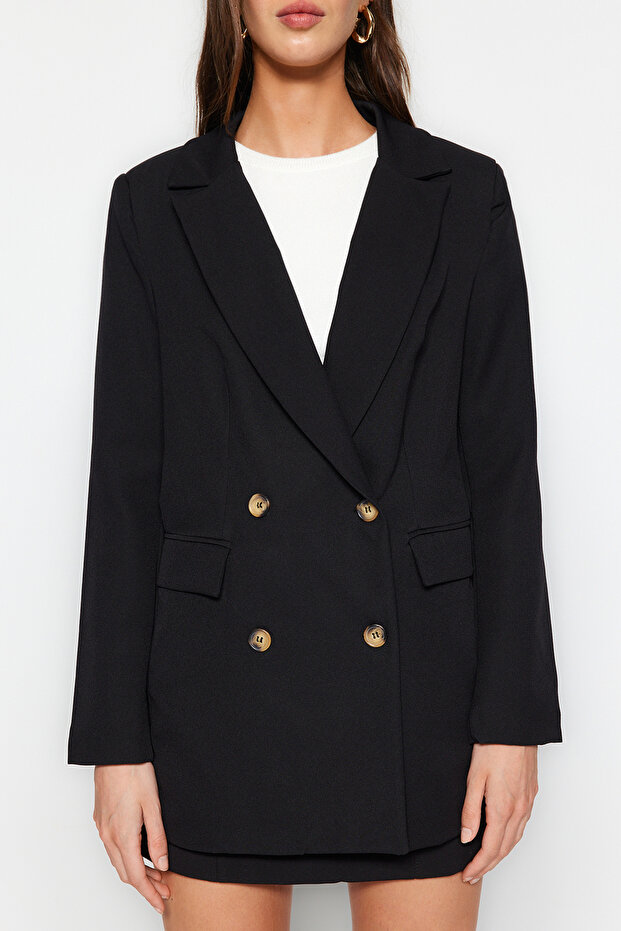 Siyah Oversize Astarlı Düğmeli Dokuma Blazer Ceket TWOAW22CE0167 - 4