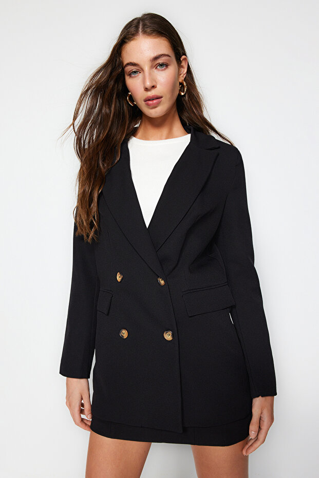 Siyah Oversize Astarlı Düğmeli Dokuma Blazer Ceket TWOAW22CE0167 - 3