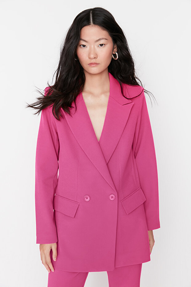 Fuksja Regularna podszewka Dwurzędowa marynarka z tkaniny zapinana na guziki TWOSS20CE0059 - 2