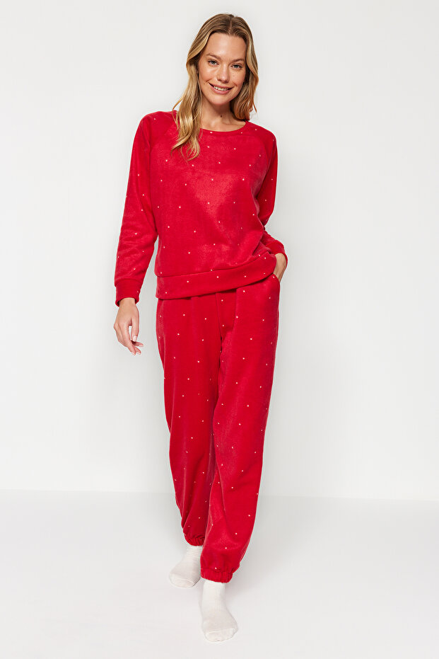Kırmızı Puantiyeli Polar Kışlık Örme Pijama Takımı THMAW24PT00032 - 3