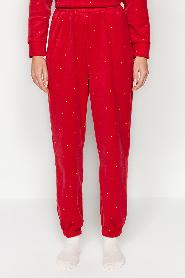 Kırmızı Puantiyeli Polar Kışlık Örme Pijama Takımı THMAW24PT00032 - 6