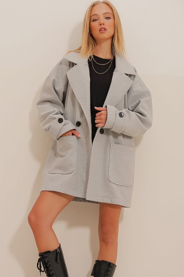 Women's Gray Double Breasted Collar Double Pocket Cuffed Oversize Stamp Coat ALC-X10953