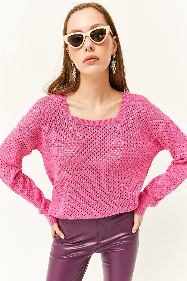 Women's Pink Square Collar Openwork Knitwear Sweater KZK-19000663