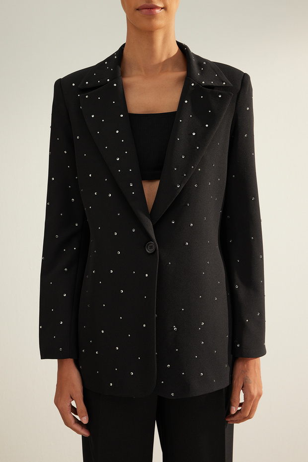 Fekete, szabályos szövésű, kővel bélelt részletes blézerkabát TWOAW24BC00078 - 4