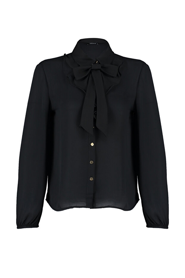 Siyah Çıkarılabilir Fiyonklu Oversize Dokuma Gömlek TWOAW24GO00164 - 6