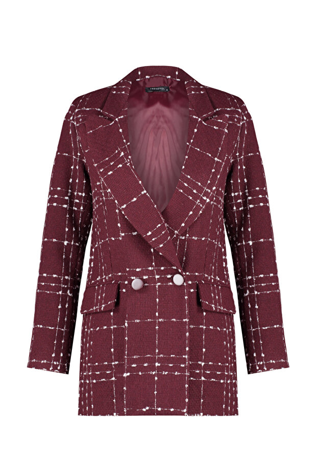 Bordo Oversize Dokuma Ekose Blazer Ceket TWOAW21CE0105 - 7