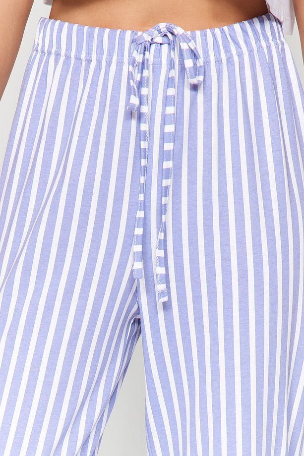 Beyaz Mavi %100 Pamuklu Çizgili Örme Pijama Altı THMAW24PJ00001 - 5