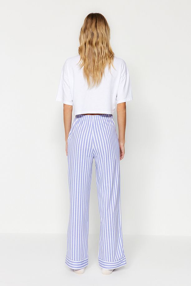 Beyaz Mavi %100 Pamuklu Çizgili Örme Pijama Altı THMAW24PJ00001 - 6