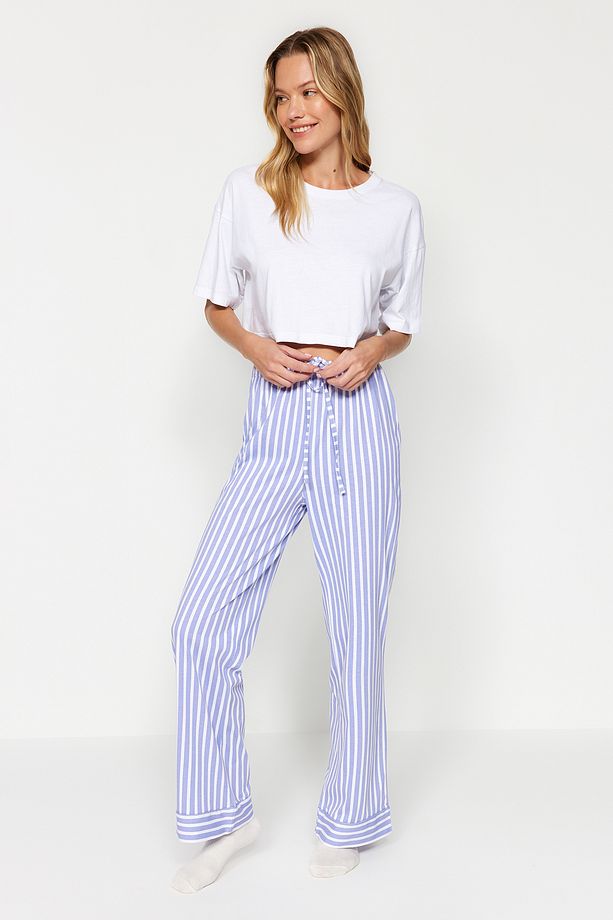 Beyaz Mavi %100 Pamuklu Çizgili Örme Pijama Altı THMAW24PJ00001 - 1