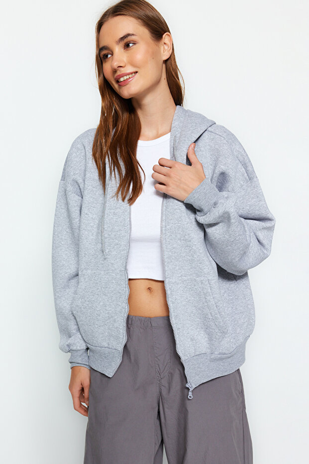 Gri Oversize/Rahat Kesim Basic Kapuşonlu Fermuarlı Kalın İçi Polarlı Örme Sweatshirt TWOAW24SW00188 - 2