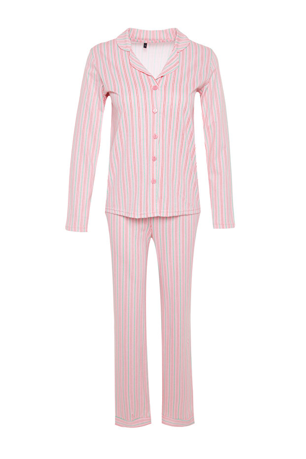 Pembe %100 Pamuklu Çizgili Gömlek-Pantolon Örme Pijama Takımı THMAW24PT00144 - 7
