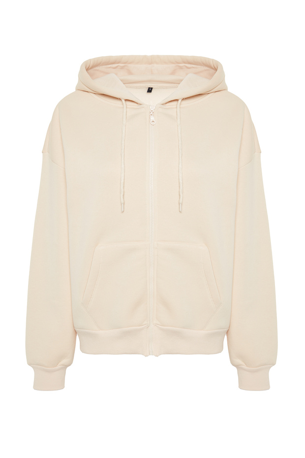 Taş Oversize/Rahat Kesim Basic Kapuşonlu Fermuarlı Kalın İçi Polarlı Örme Sweatshirt TWOAW24SW00188 - 6