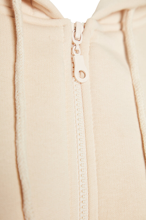 Taş Oversize/Rahat Kesim Basic Kapuşonlu Fermuarlı Kalın İçi Polarlı Örme Sweatshirt TWOAW24SW00188 - 7