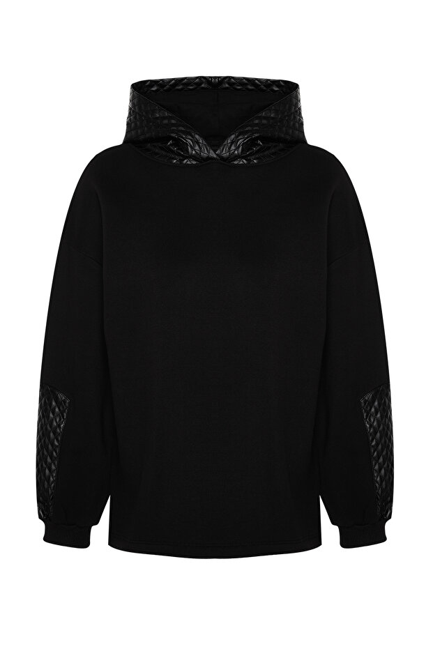 Siyah Kalın İçi Polarlı Kapitoneli Oversize/Geniş Kesim Kapüşonlu Örme Sweatshirt TWOAW24SW00205 - 7