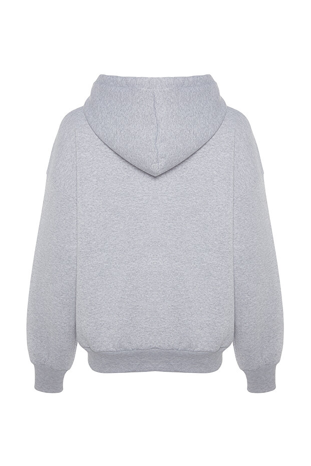 Gri Oversize/Rahat Kesim Basic Kapuşonlu Fermuarlı Kalın İçi Polarlı Örme Sweatshirt TWOAW24SW00188 - 7