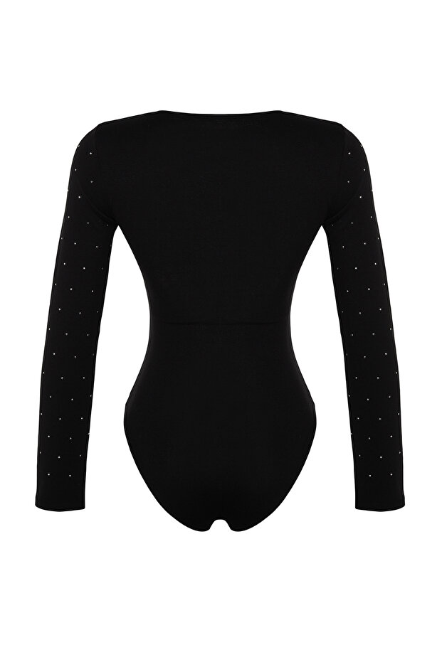 Siyah Parlak Taş Baskılı Pamuklu Uzun Kol Esnek Alttan Çıtçıtlı Örme Body TWOAW24BD00059 - 7