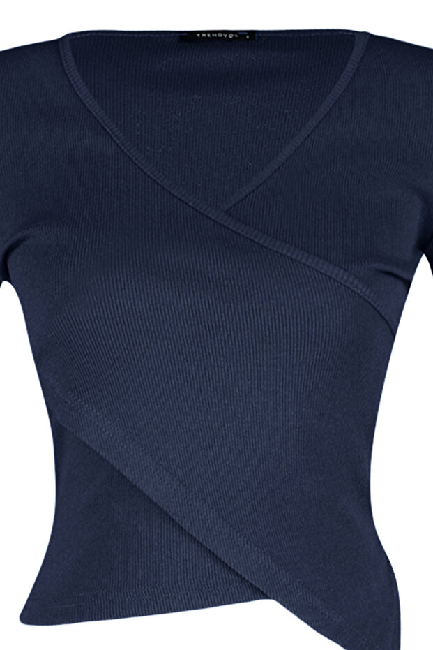 Indigo Fitted/Vücuda Oturan Kruvaze Yaka Uzun Kol Fitilli Esnek Örme Bluz TWOAW21BZ1274 - 7