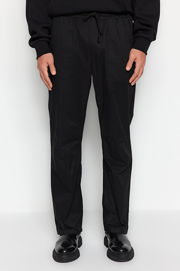 Siyah Regular Fit Beli Bağcık Detaylı Pantolon TMNAW24PL00017 - 2