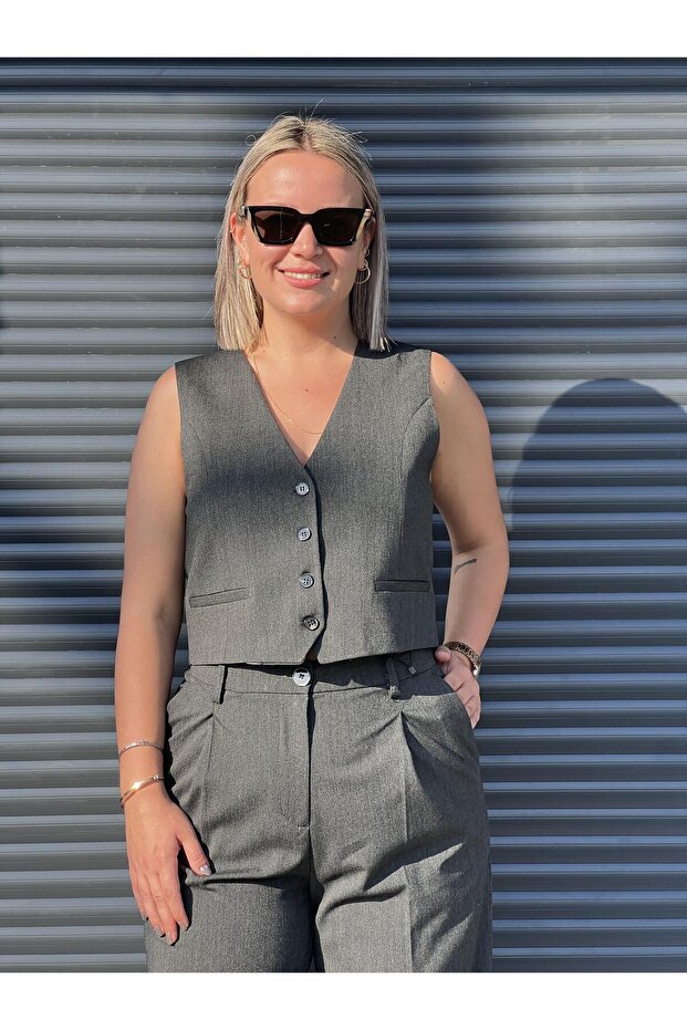 Antrasit Düğmeli Yelek - 1