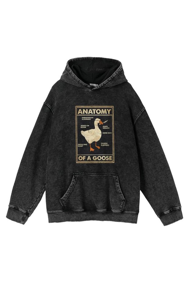 Duck Anatomy Printed Washed Vintage Unisex Oversize Hooded Sweatshirt