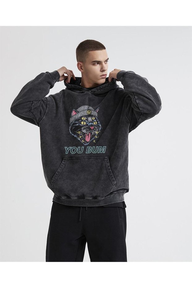 You Bum Cat Printed Washed Vintage Unisex Oversize Hooded Sweatshirt