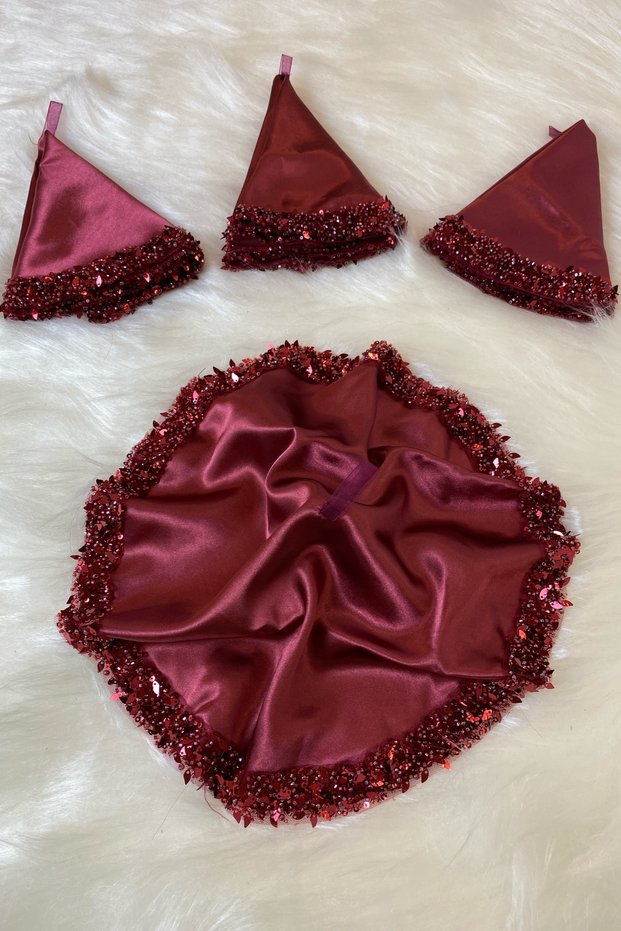 Burgundy Bridal Handkerchief, Halay Handkerchief, Sequined Beaded Pearled Leaf Detailed